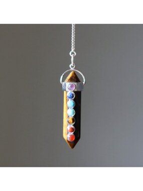 Tigers Eye Necklace Chakra Pendulum Go Sterling Silver Crystal Point Jewelry